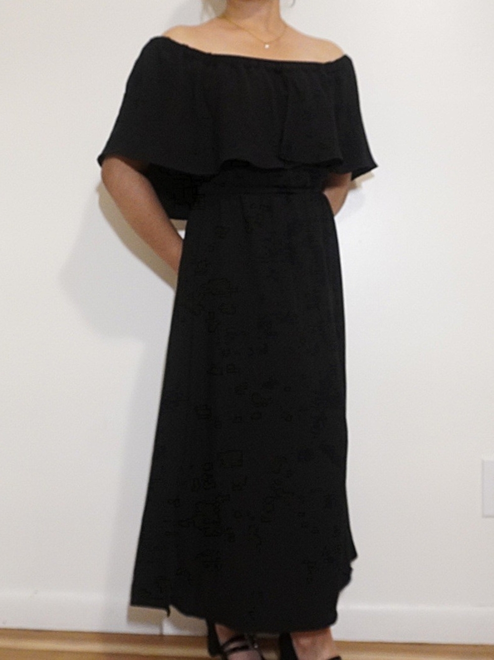 dRA LOS ANGELES Black Off-The-Shoulder Ruffle Flounce Maxi Dress Size S